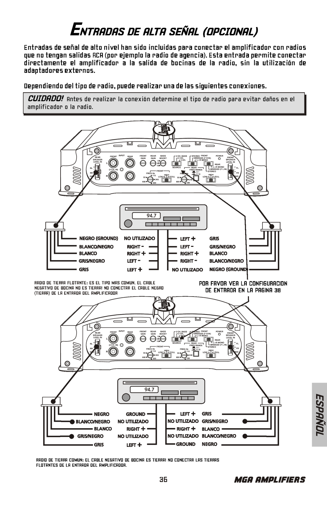 Bazooka MGA4150 manual Entradas De Alta Señal Opcional, Español, Mga Amplifiers, amplificador o la radio 