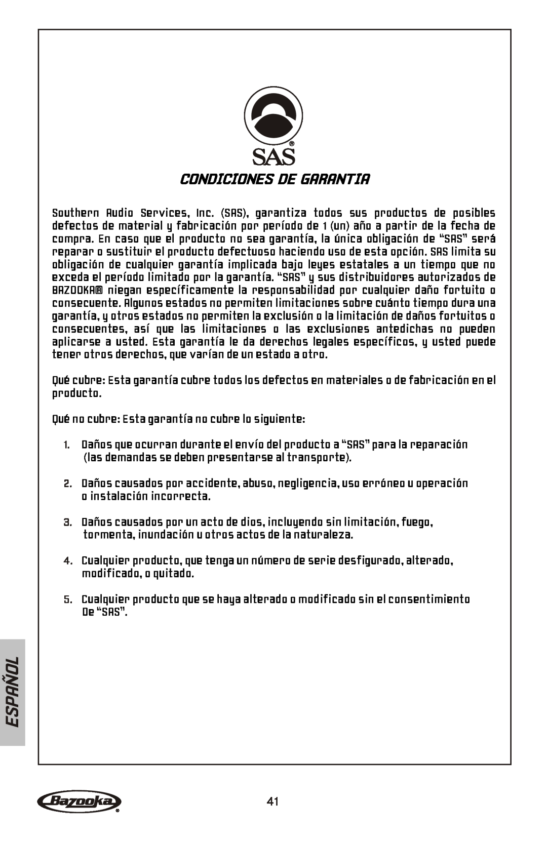 Bazooka MGA4150 manual Condiciones De Garantia, Español 