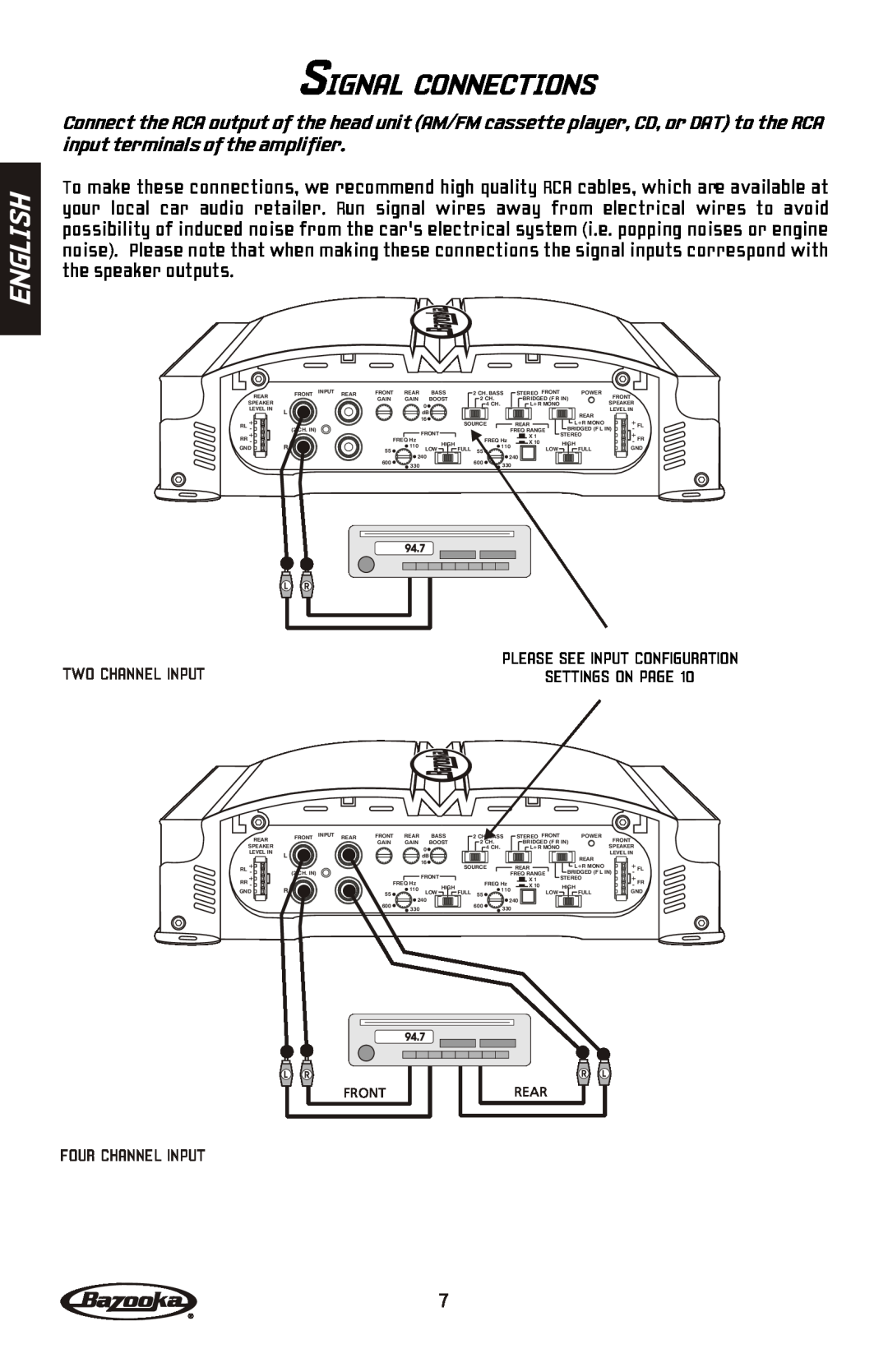 Bazooka MGA4150 manual Signal Connections, English, Two Channel Input, Four Channel Input 