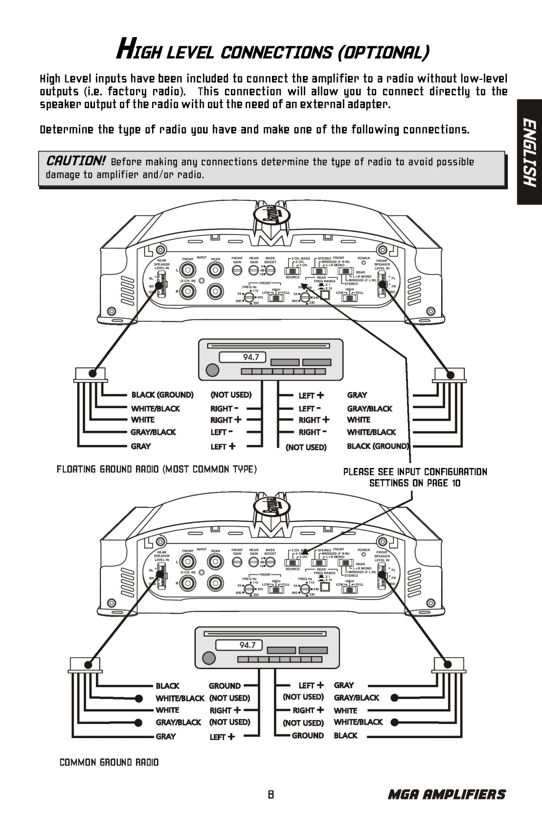 Bazooka MGA4150 manual High Level Connections Optional, English, Mga Amplifiers, Settings On Page 
