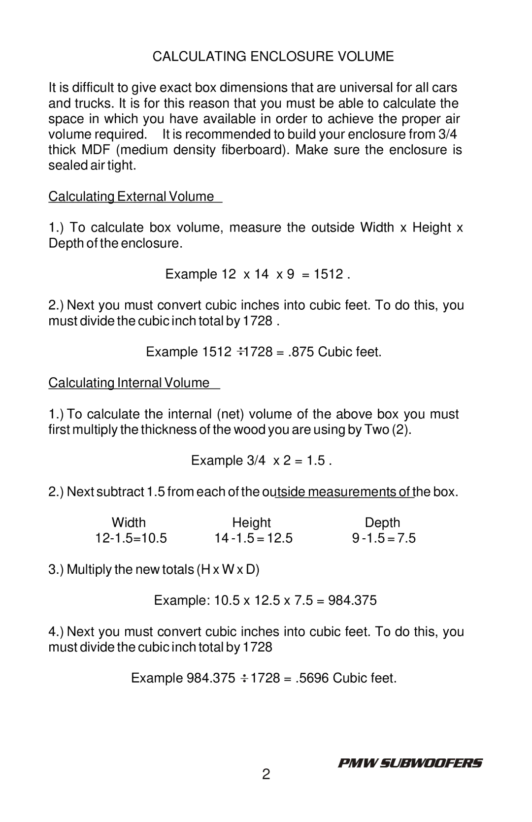 Bazooka PMW1224DVC, PMW1024DVC manual Calculating Enclosure Volume 