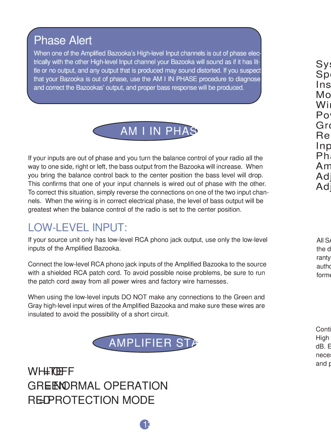 Bazooka RS8A-hp, RS10A-hp, RS6A-hp installation manual AM I in PHASE?, Amplifier Status LED 