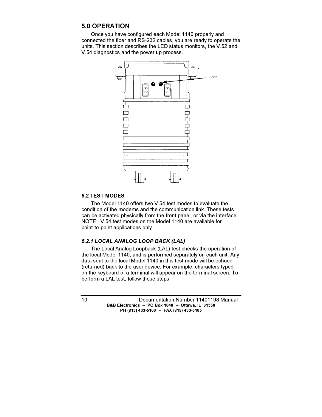 B&B Electronics 1140 manual Test Modes, Local Analog Loop Back LAL 