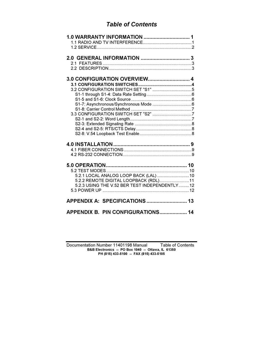 B&B Electronics 1140 manual Table of Contents 