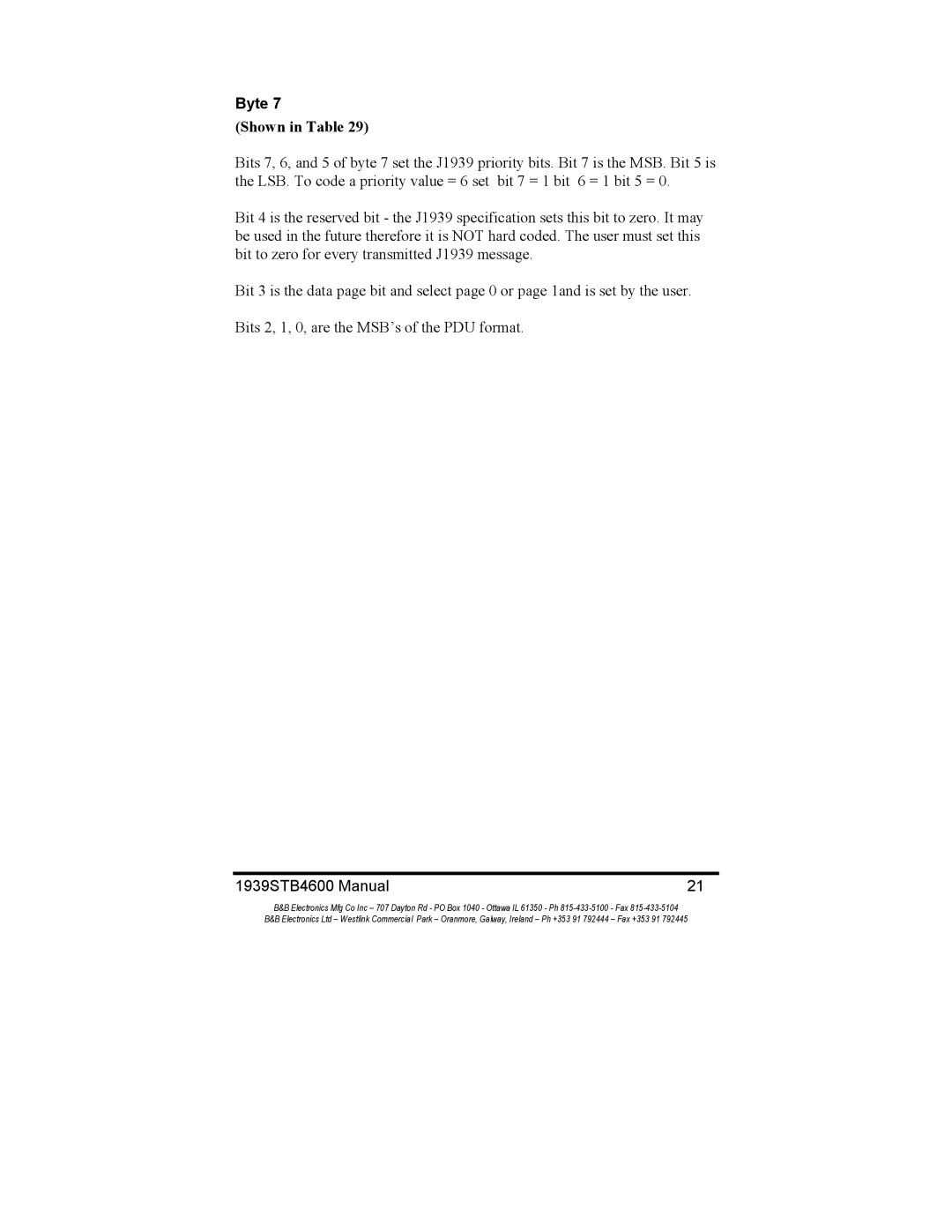 B&B Electronics 1939STB manual Byte, Shown in Table 