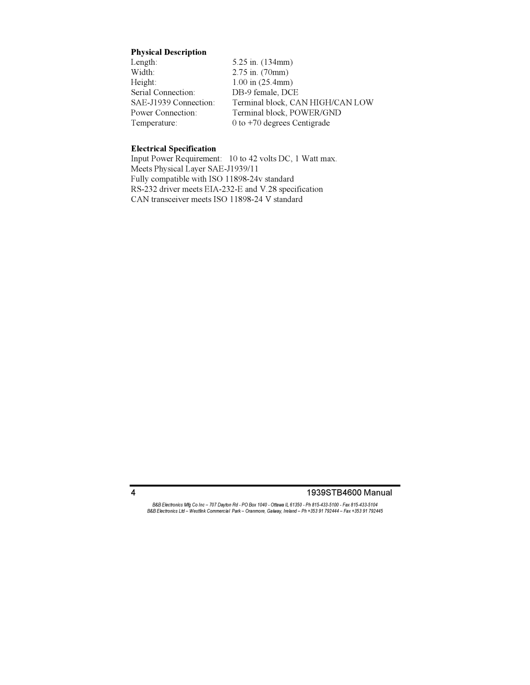 B&B Electronics 1939STB manual Physical Description, Electrical Specification 