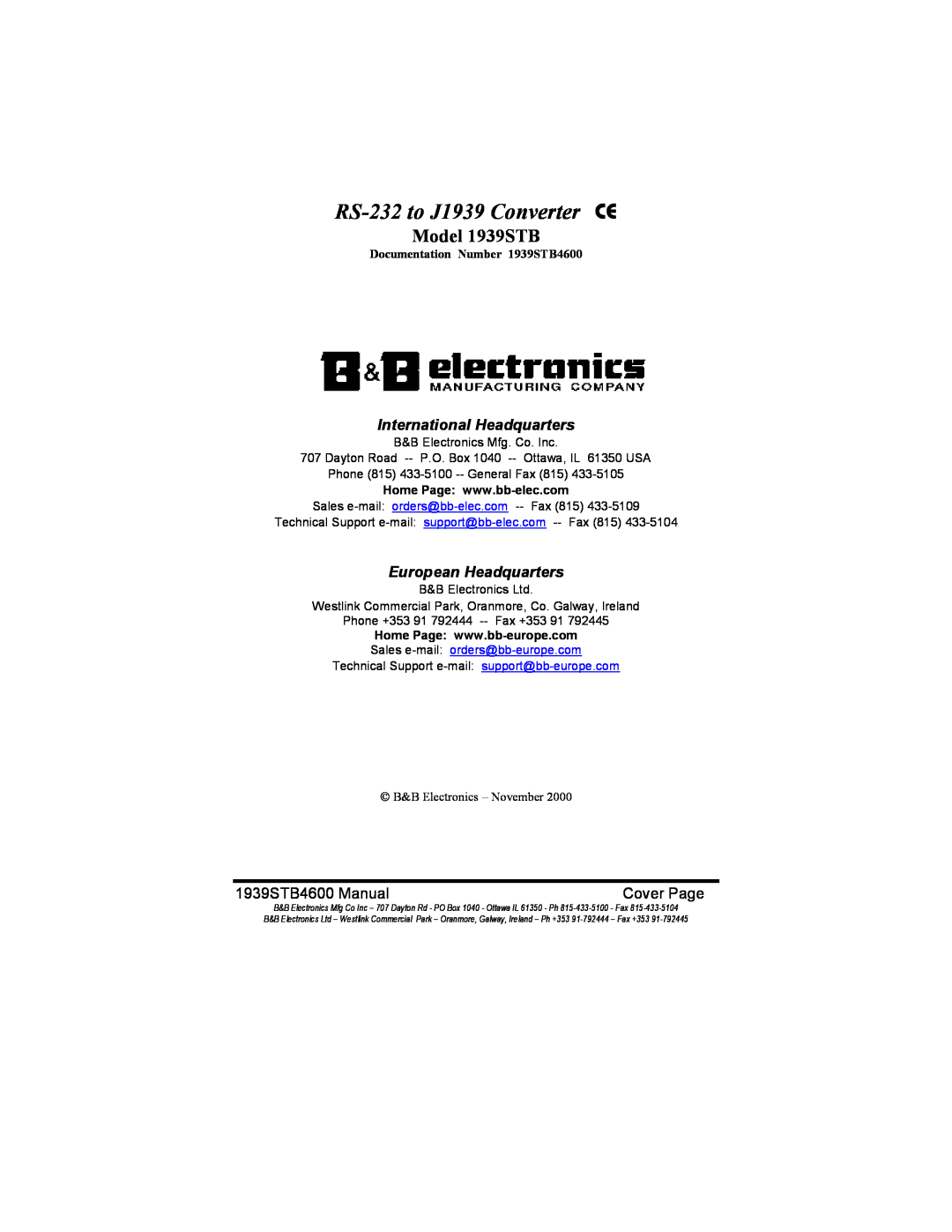 B&B Electronics manual Model 1939STB, RS-232 to J1939 Converter CE, International Headquarters, European Headquarters 