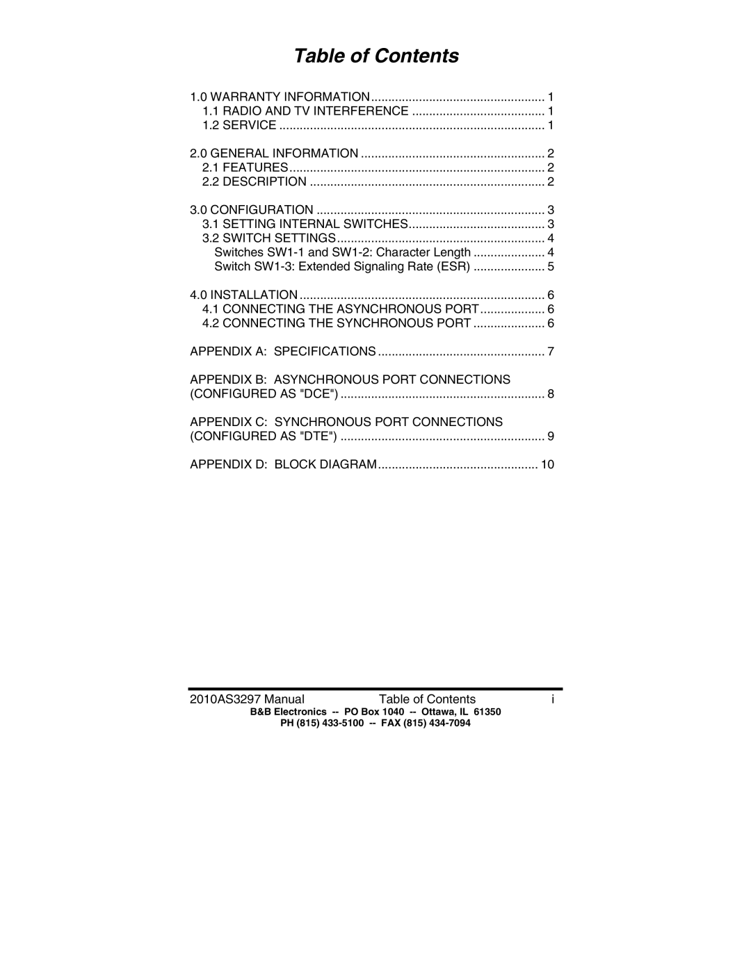 B&B Electronics 2010 manual Table of Contents 