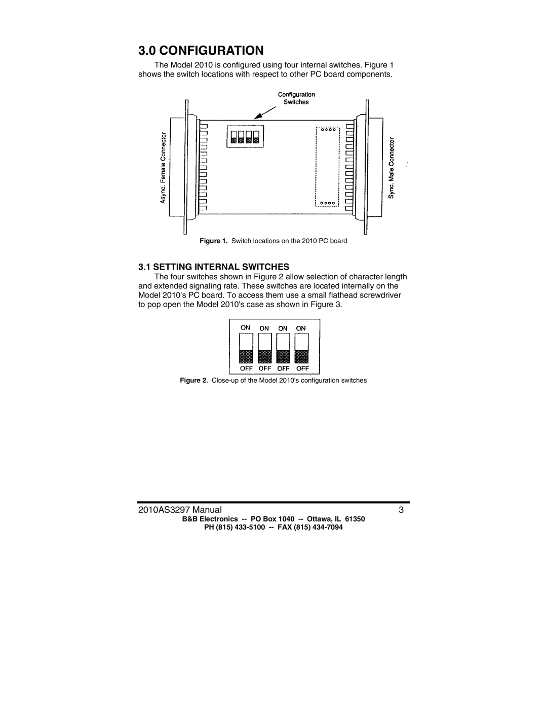 B&B Electronics 2010 manual Configuration, Setting Internal Switches 