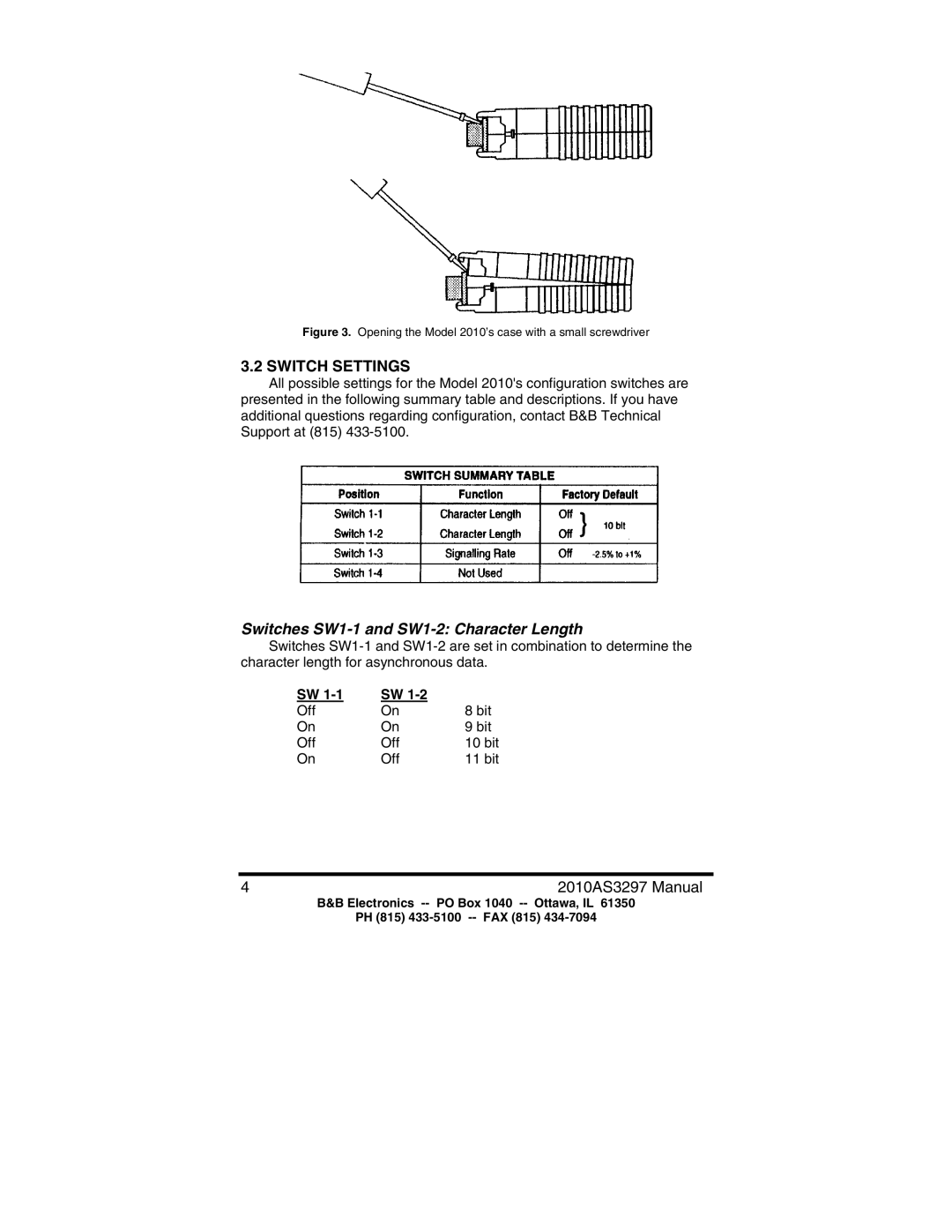 B&B Electronics 2010 manual Switch Settings, Switches SW1-1 and SW1-2 Character Length 