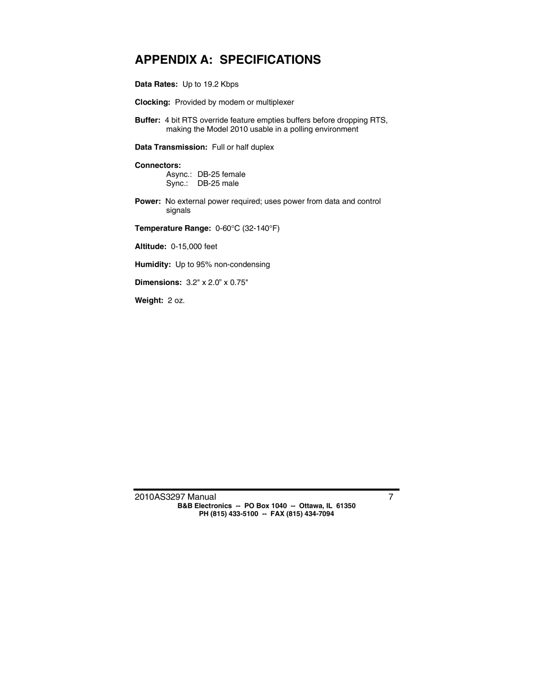 B&B Electronics 2010 manual Appendix a Specifications, Data Transmission Full or half duplex Connectors 