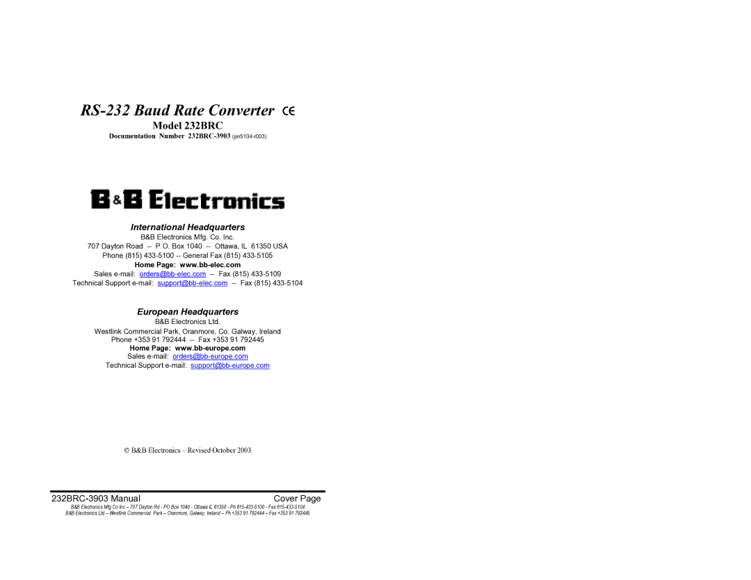 B&B Electronics manual RS-232 Baud Rate Converter CE, 232BRC-3903 Manual Cover 