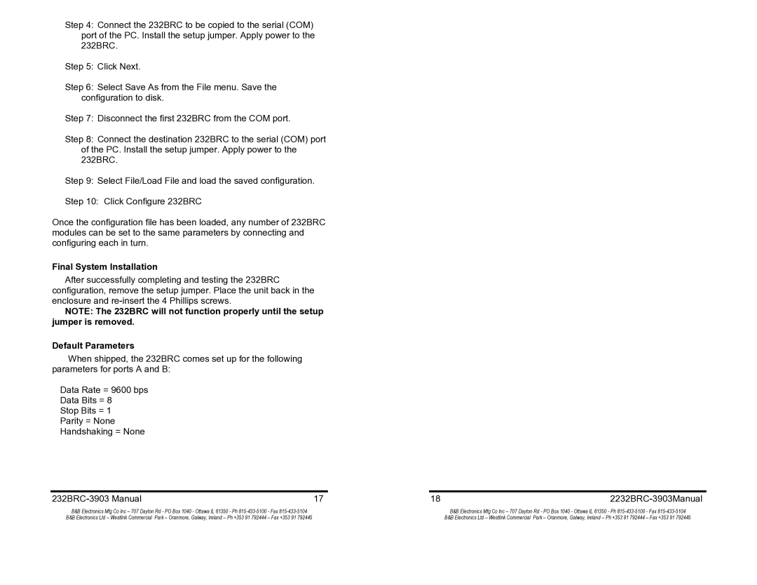 B&B Electronics 232BRC manual Final System Installation, Default Parameters 