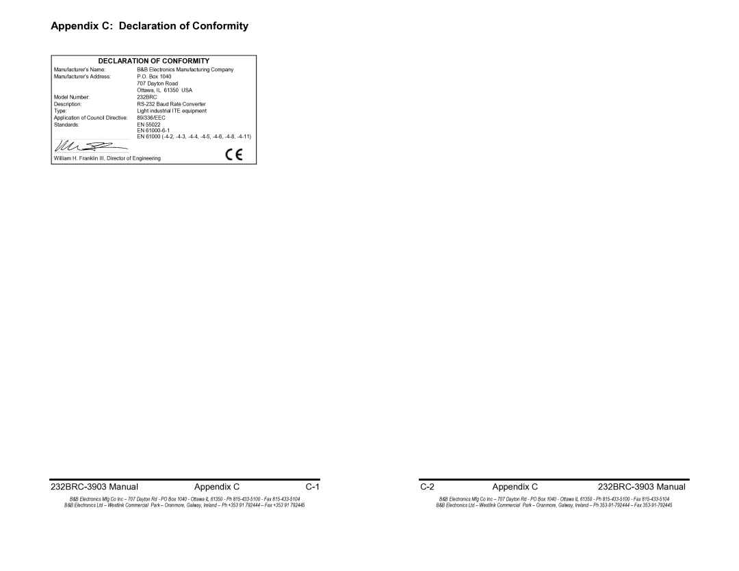 B&B Electronics manual Appendix C Declaration of Conformity, 232BRC-3903 Manual Appendix C 