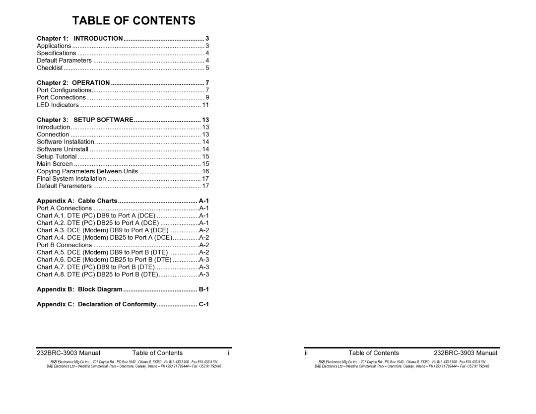 B&B Electronics 232BRC manual Table of Contents 