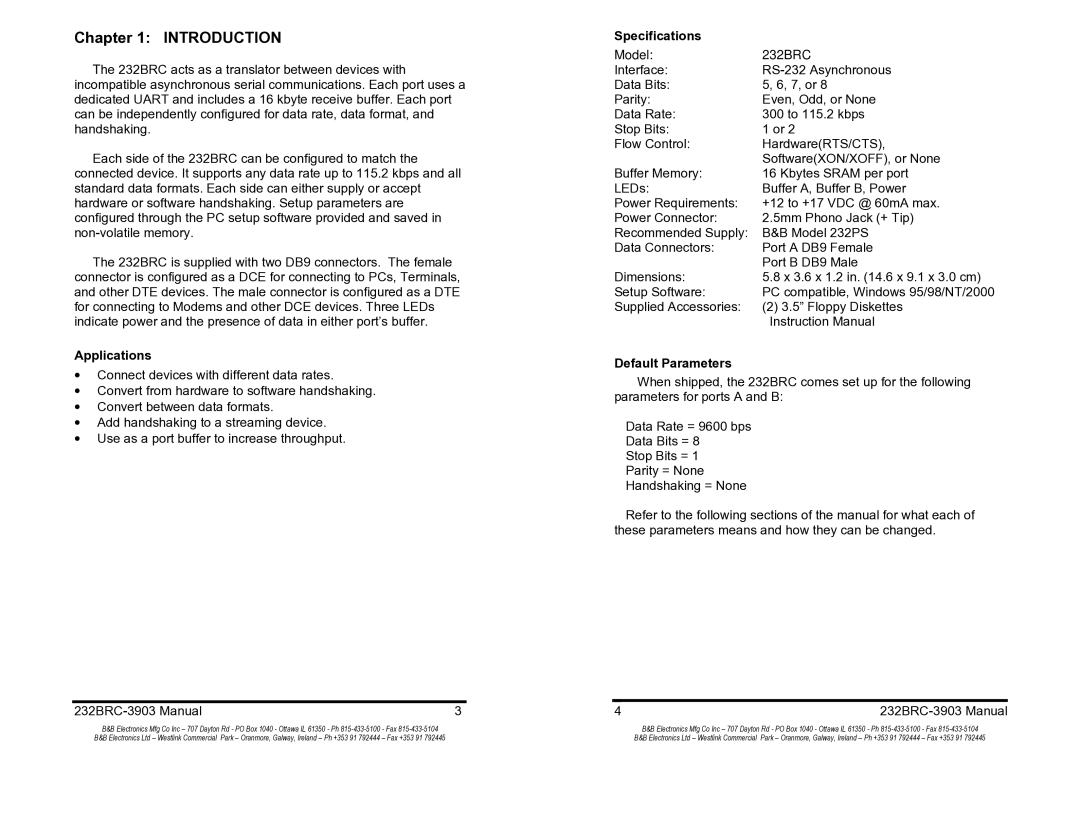 B&B Electronics 232BRC manual Introduction, Applications, Specifications, Supplied Accessories Floppy Diskettes 