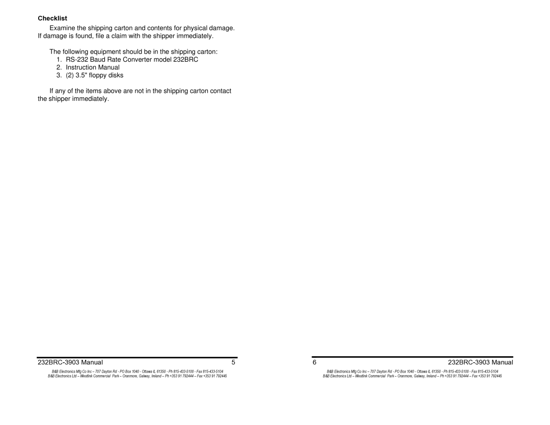 B&B Electronics 232BRC manual Checklist 