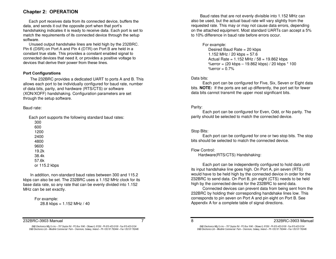 B&B Electronics 232BRC manual Operation, Port Configurations 