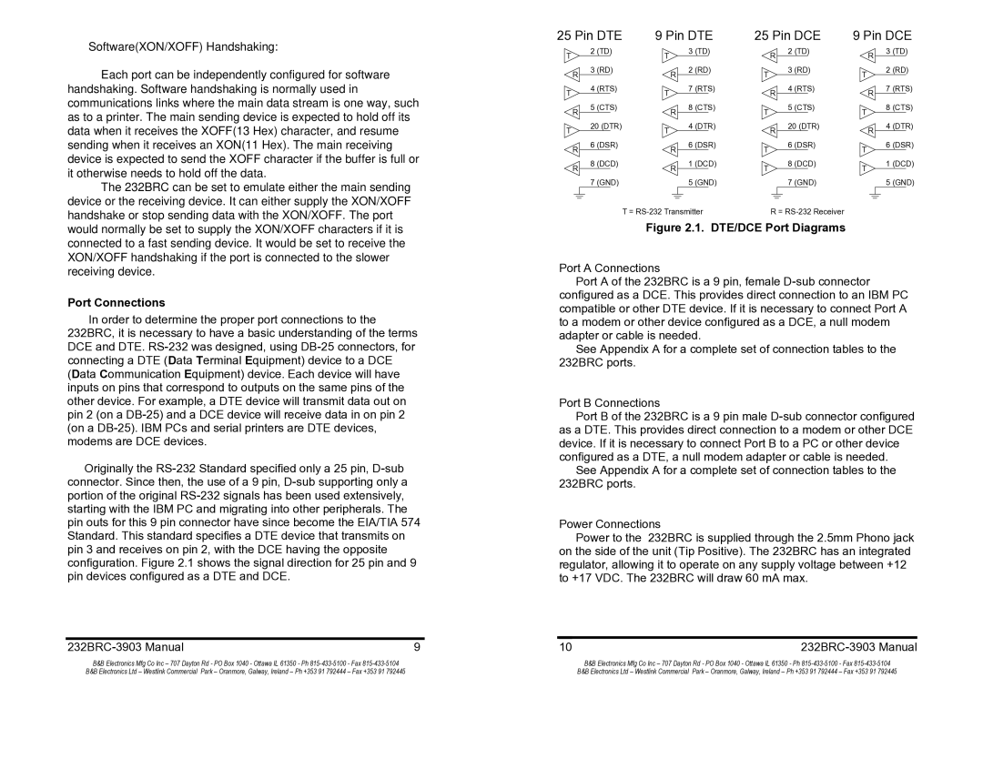 B&B Electronics 232BRC manual Port Connections, DTE/DCE Port Diagrams 