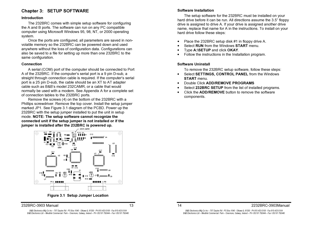 B&B Electronics 232BRC manual Setup Software, Introduction, Connection, Software Installation, Software Uninstall 