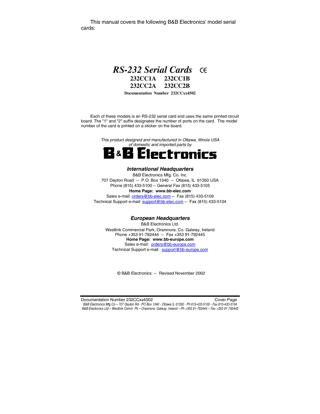 B&B Electronics 232CC2B, 232CC1B, 232CC2A, 232CC1A manual RS-232 Serial Cards CE 