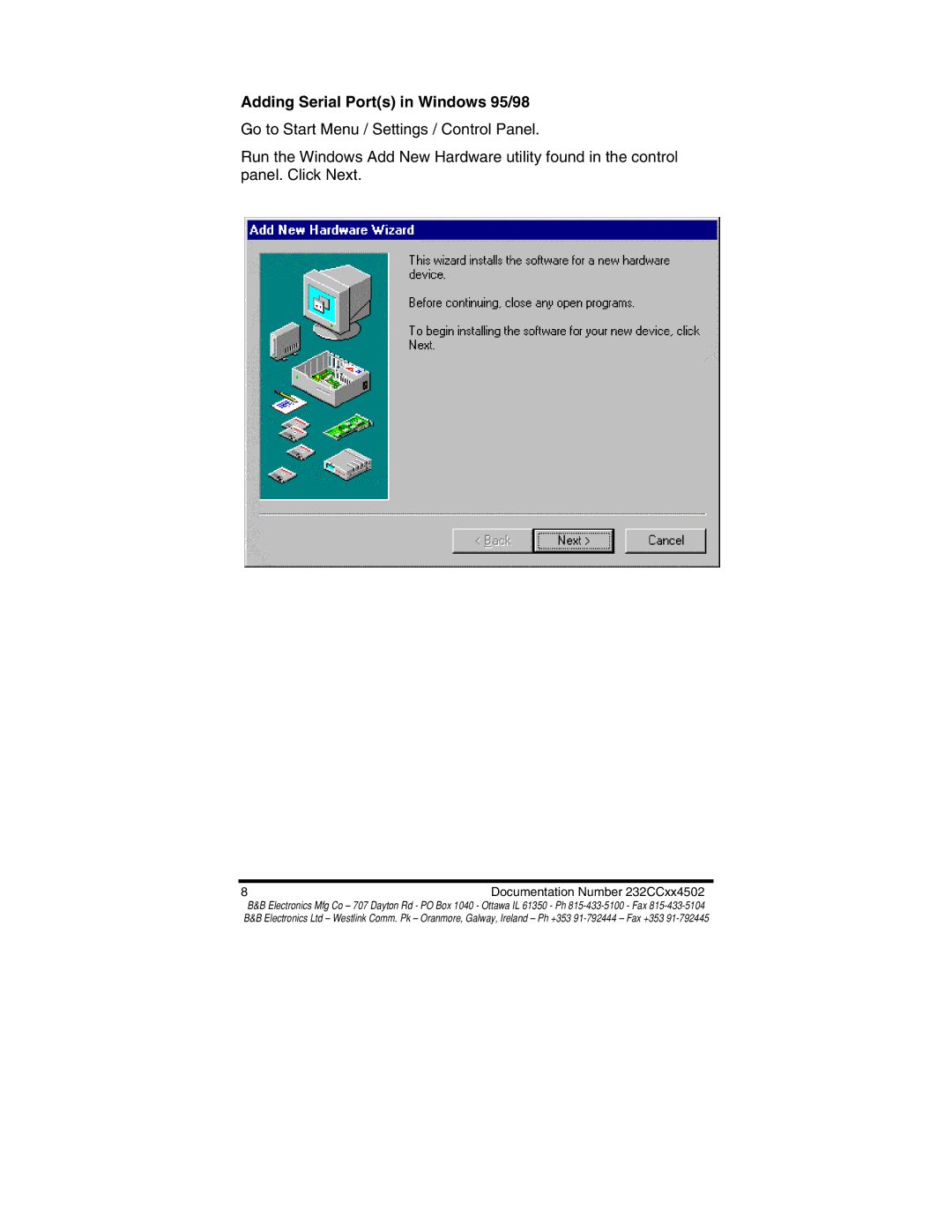 B&B Electronics 232CC2A, 232CC1B, 232CC2B, 232CC1A manual Adding Serial Ports in Windows 95/98 