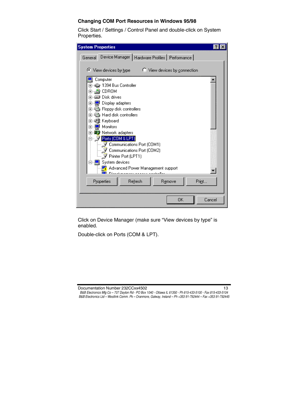 B&B Electronics 232CC1A, 232CC1B, 232CC2B, 232CC2A manual Changing COM Port Resources in Windows 95/98 