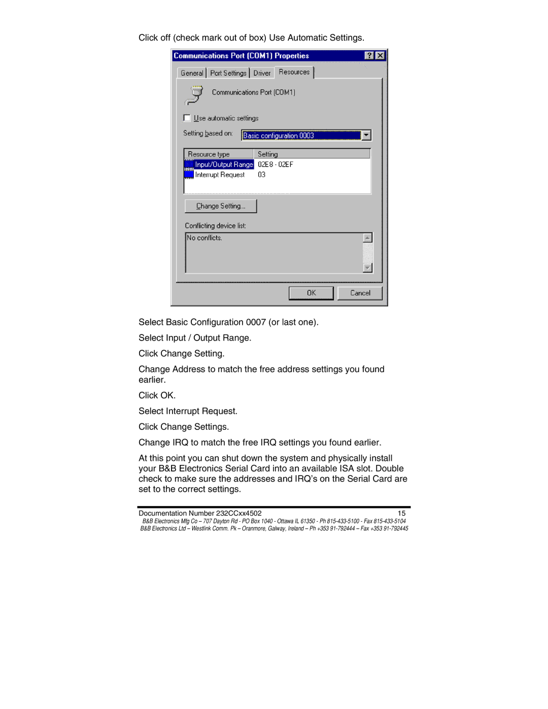 B&B Electronics 232CC2B, 232CC1B, 232CC2A, 232CC1A manual Documentation Number 232CCxx4502 