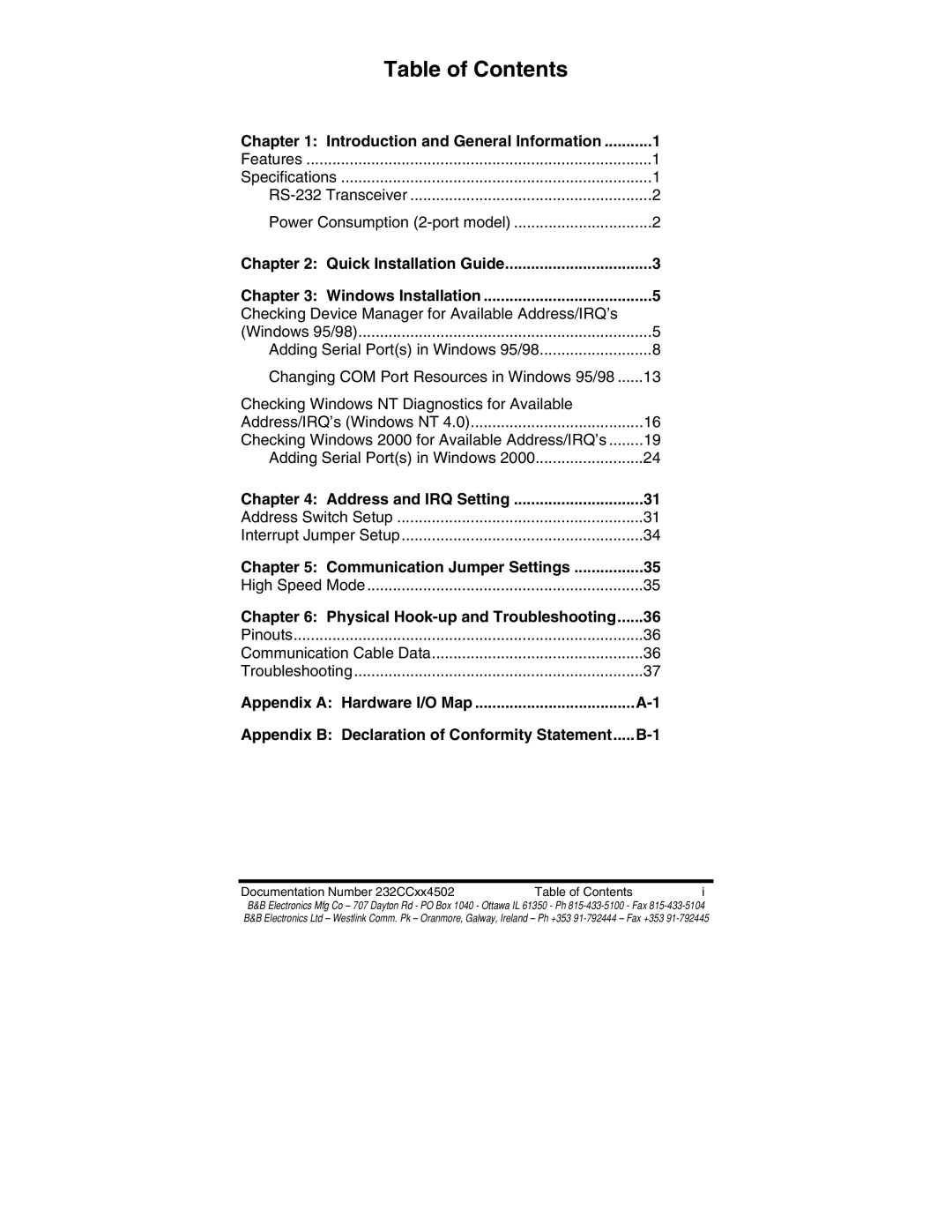 B&B Electronics 232CC2A, 232CC1B, 232CC2B, 232CC1A manual Table of Contents 