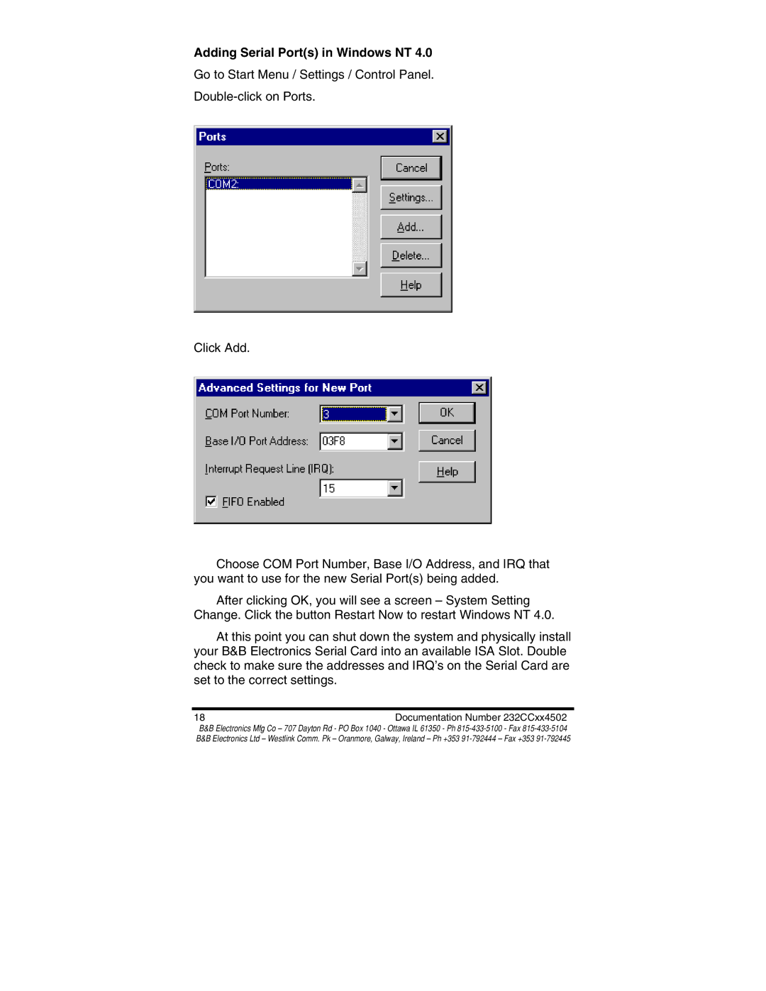 B&B Electronics 232CC1B, 232CC2B, 232CC2A, 232CC1A manual Adding Serial Ports in Windows NT 