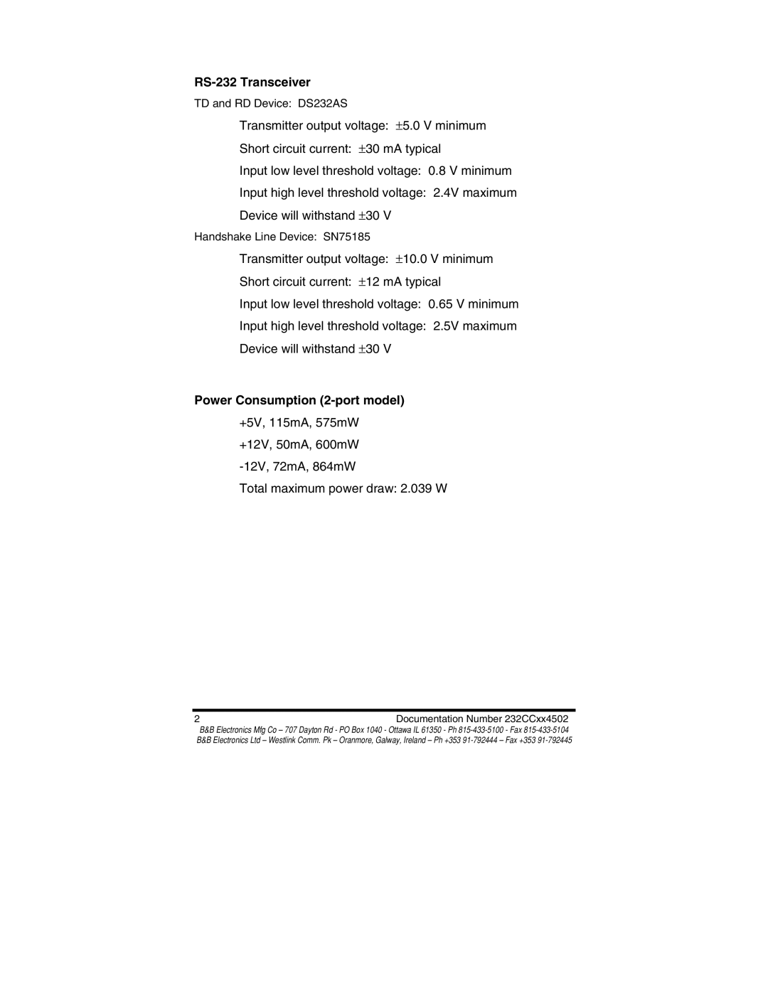 B&B Electronics 232CC1B, 232CC2B, 232CC2A, 232CC1A manual RS-232 Transceiver, Power Consumption 2-port model 