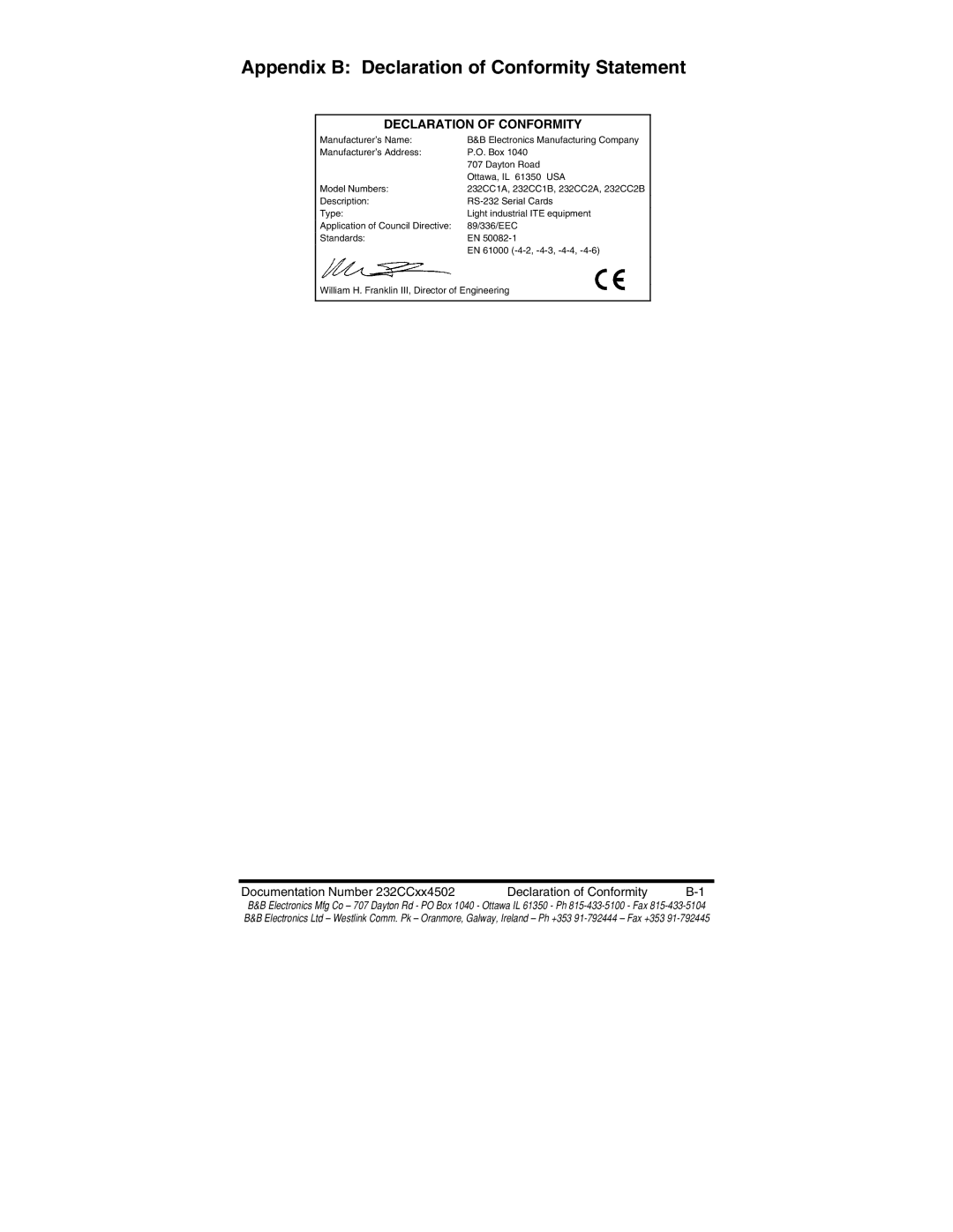 B&B Electronics 232CC2A, 232CC1B, 232CC2B, 232CC1A manual Appendix B Declaration of Conformity Statement 