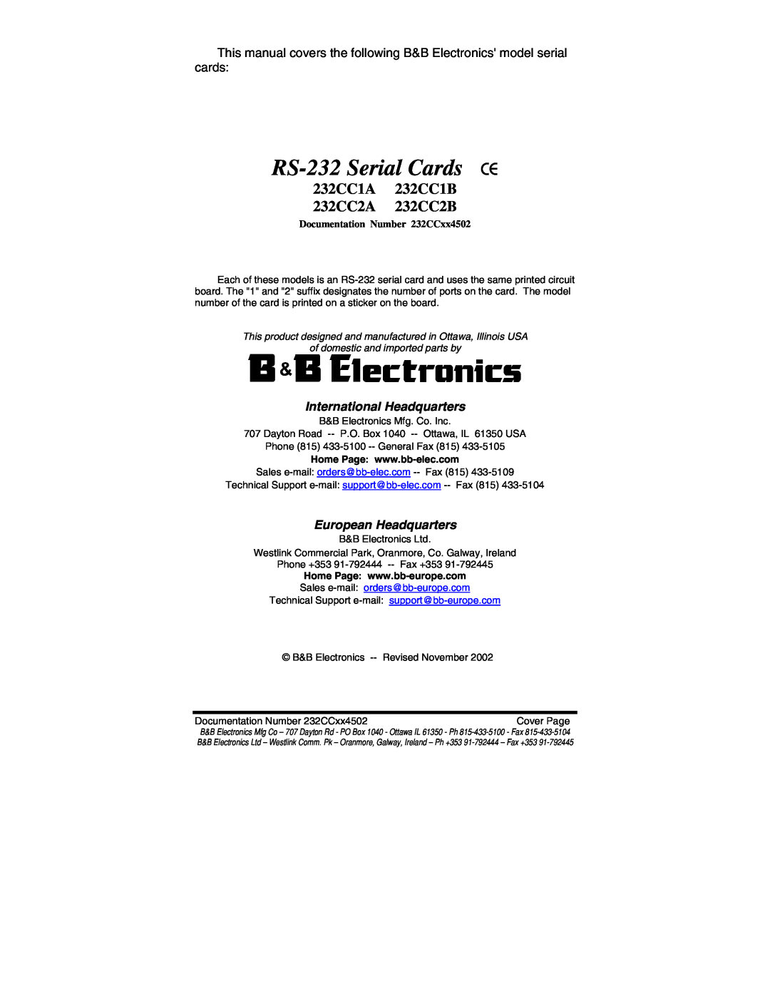 B&B Electronics manual RS-232 Serial Cards CE, 232CC1A 232CC1B 232CC2A 232CC2B, International Headquarters 