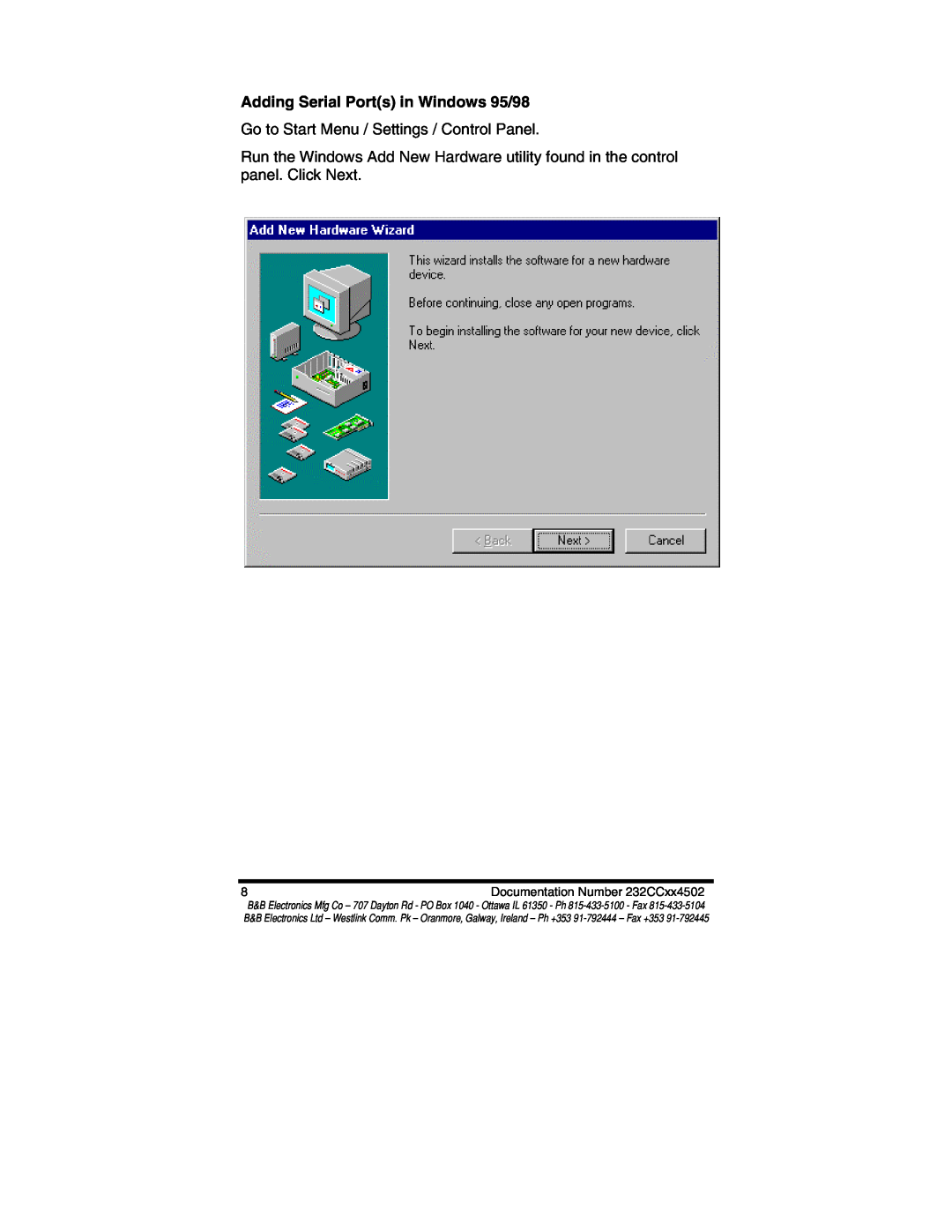 B&B Electronics 232CC2A, 232CC1B, 232CC2B Adding Serial Ports in Windows 95/98, Go to Start Menu / Settings / Control Panel 