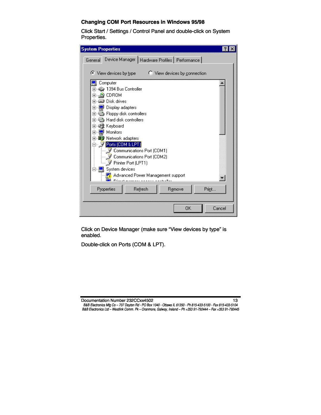 B&B Electronics 232CC1A, 232CC1B, 232CC2B Changing COM Port Resources in Windows 95/98, Double-click on Ports COM & LPT 