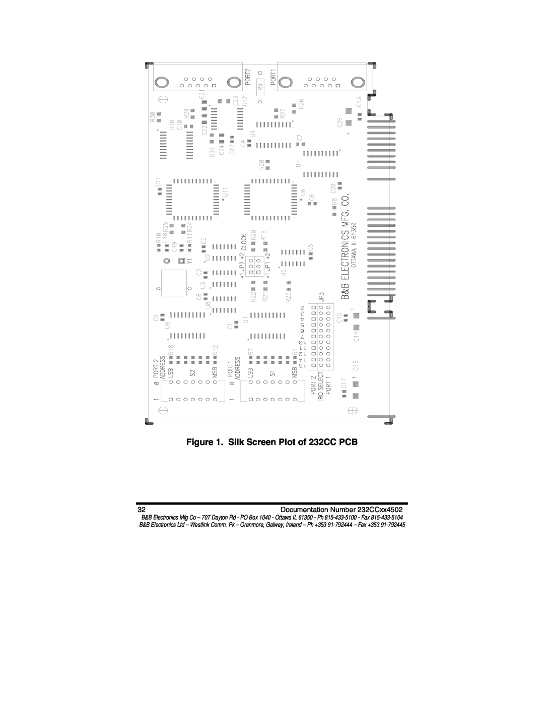 B&B Electronics 232CC2A, 232CC1B, 232CC2B, 232CC1A manual Silk Screen Plot of 232CC PCB, Documentation Number 232CCxx4502 
