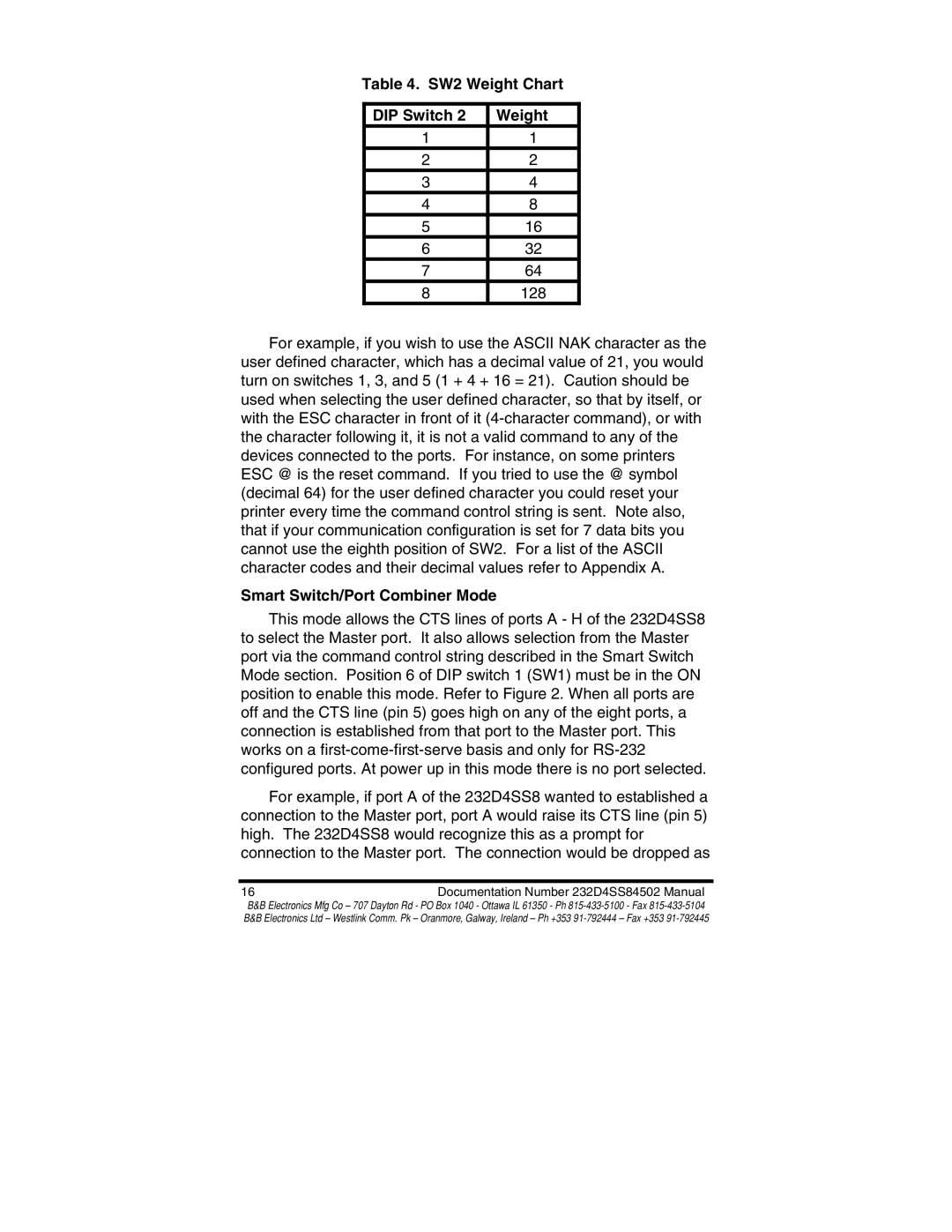 B&B Electronics 232D4SS8 manual SW2 Weight Chart DIP Switch, Smart Switch/Port Combiner Mode 