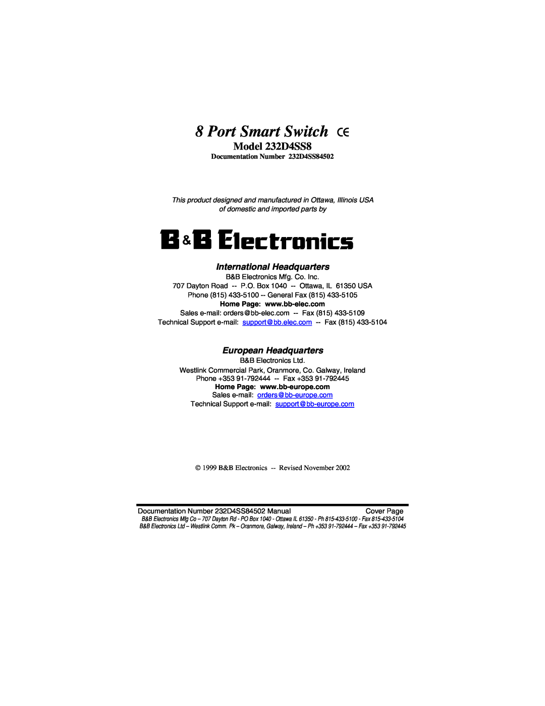 B&B Electronics manual Port Smart Switch CE, Model 232D4SS8, International Headquarters, European Headquarters 