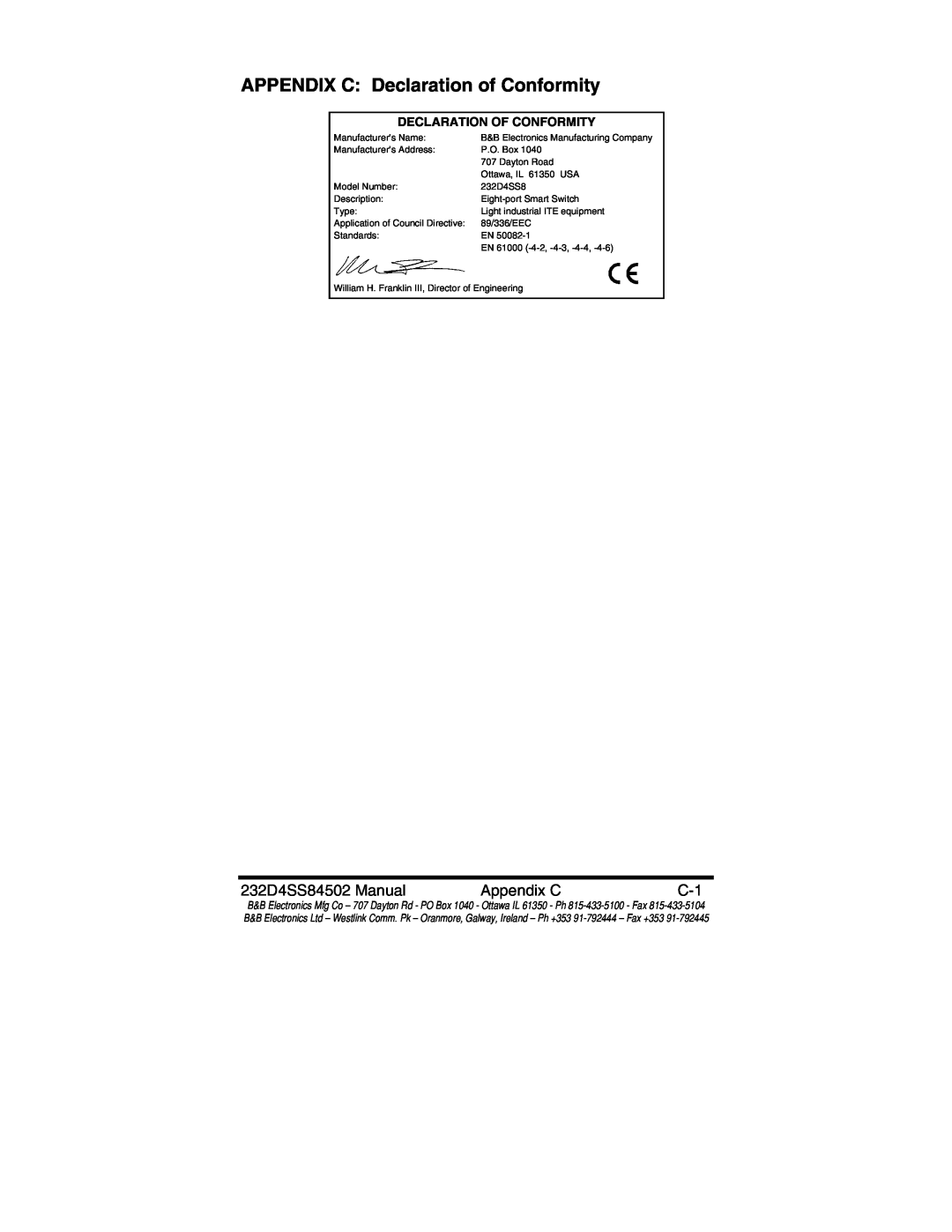 B&B Electronics manual APPENDIX C Declaration of Conformity, 232D4SS84502 Manual, Appendix C 