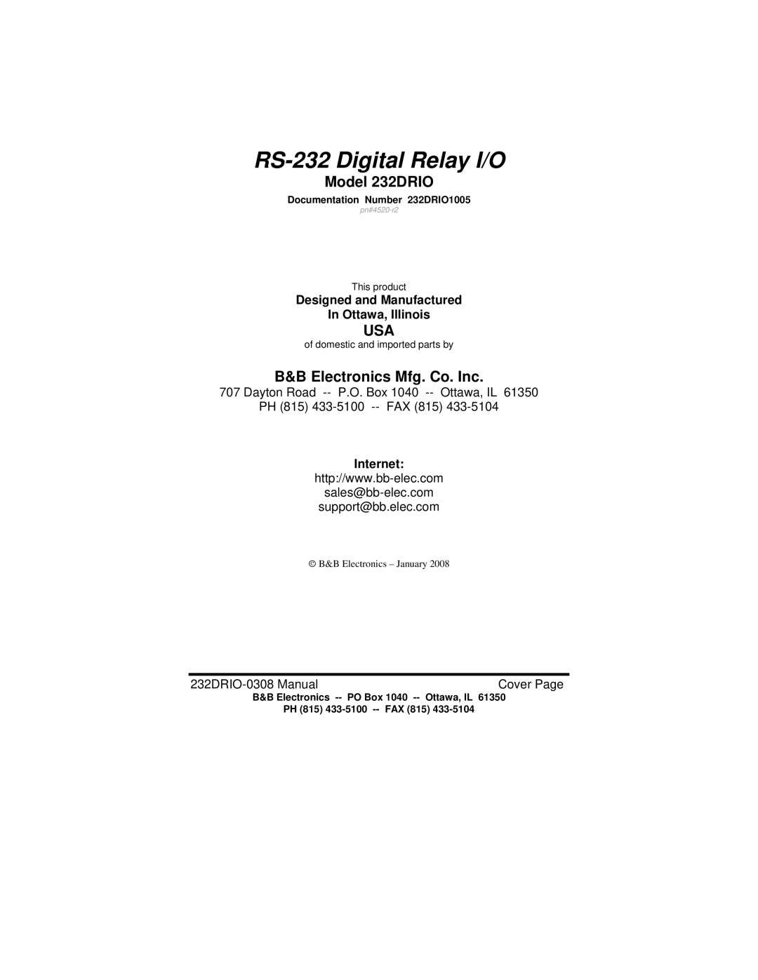 B&B Electronics manual Model 232DRIO, Electronics Mfg. Co. Inc, Designed and Manufactured Ottawa, Illinois, Internet 