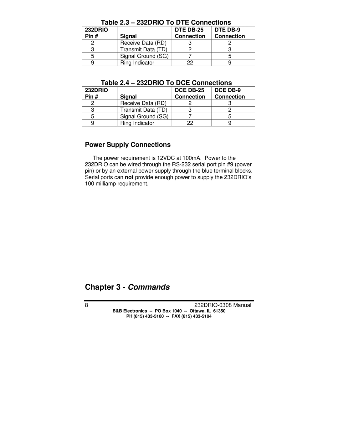 B&B Electronics manual 232DRIO To DTE Connections, 232DRIO To DCE Connections, Power Supply Connections 