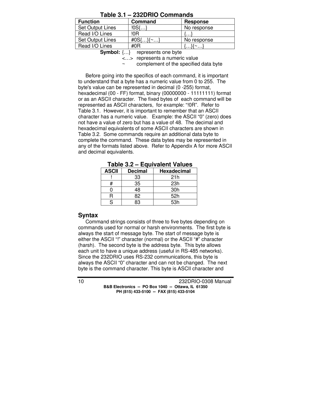 B&B Electronics manual 232DRIO Commands, Equivalent Values, Syntax, Function Command Response, Decimal Hexadecimal 