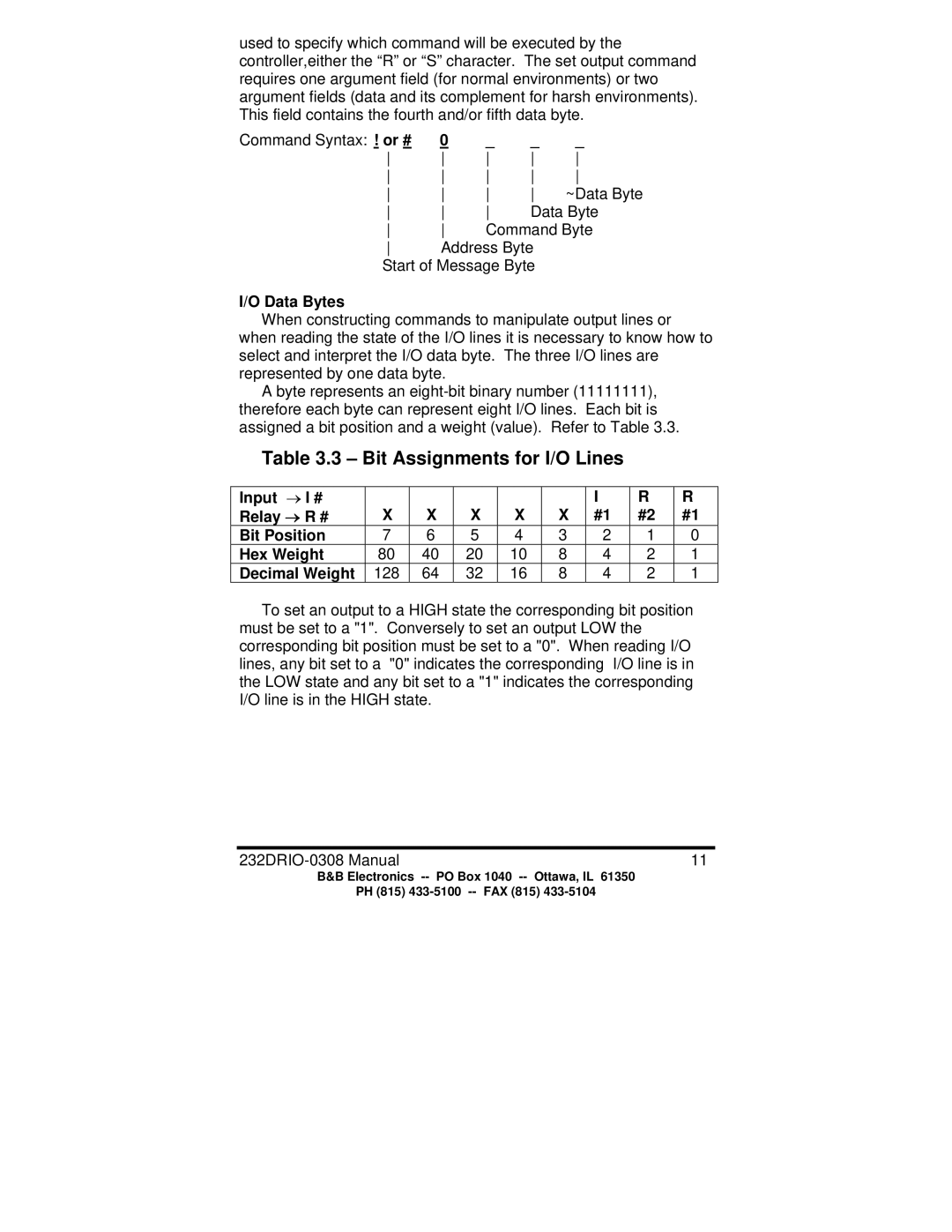 B&B Electronics 232DRIO manual Bit Assignments for I/O Lines, Data Bytes 