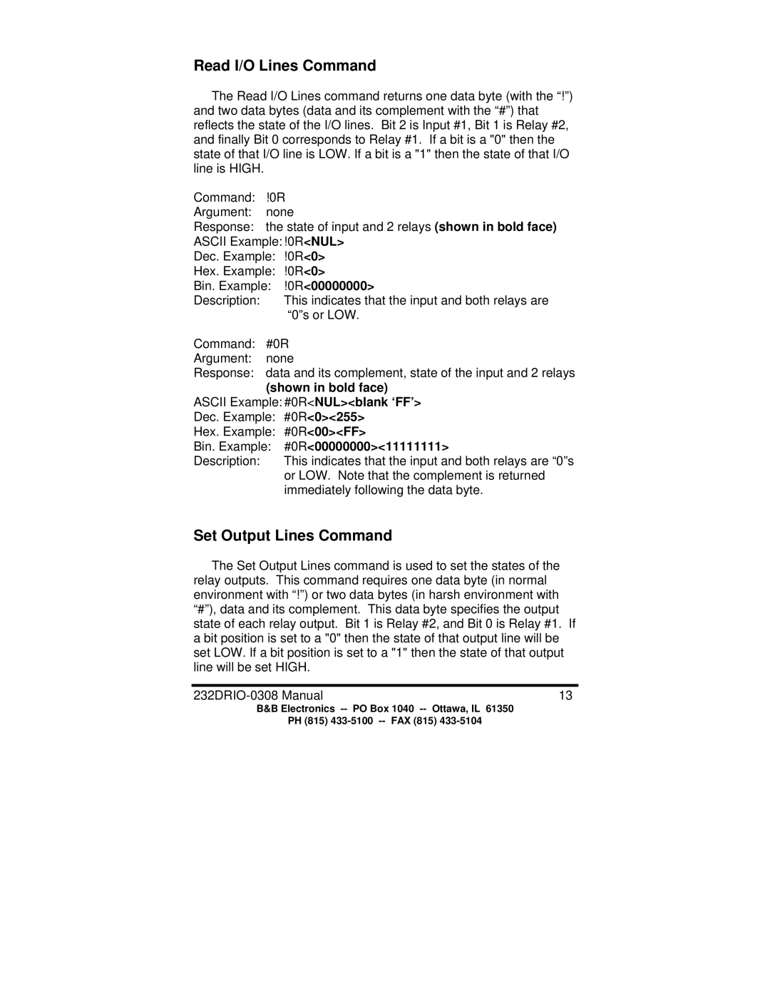 B&B Electronics 232DRIO manual Read I/O Lines Command, Set Output Lines Command, 0R00000000, Shown in bold face 