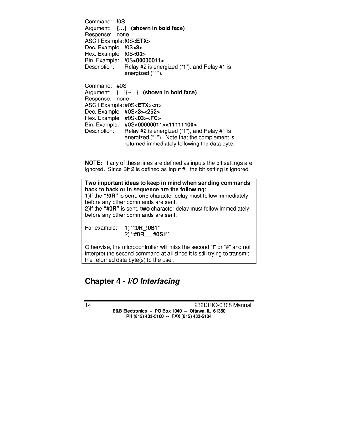 B&B Electronics 232DRIO Argument … shown in bold face, 0S00000011, …~… shown in bold face, #0S3252, #0S03FC, #0R #0S1 