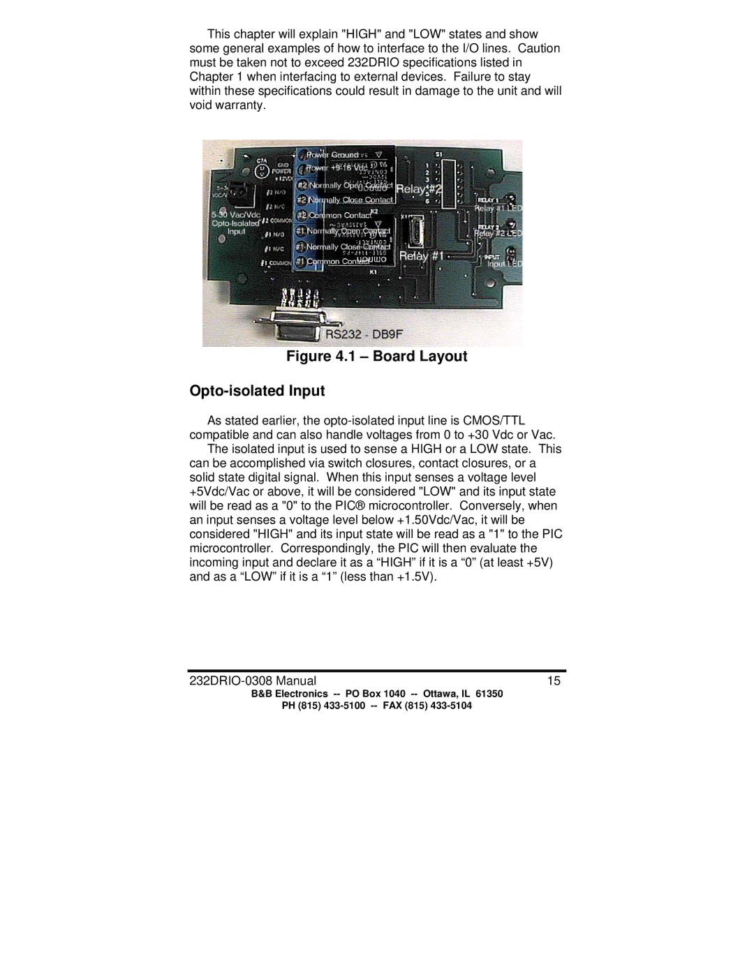 B&B Electronics 232DRIO manual Board Layout Opto-isolated Input 