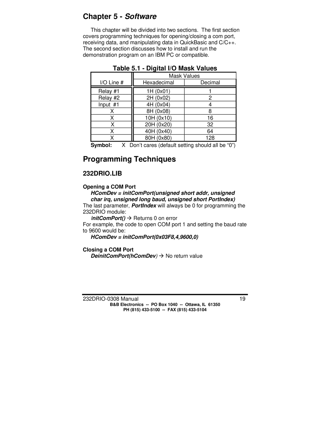 B&B Electronics 232DRIO manual Digital I/O Mask Values, Symbol, Opening a COM Port, Closing a COM Port 