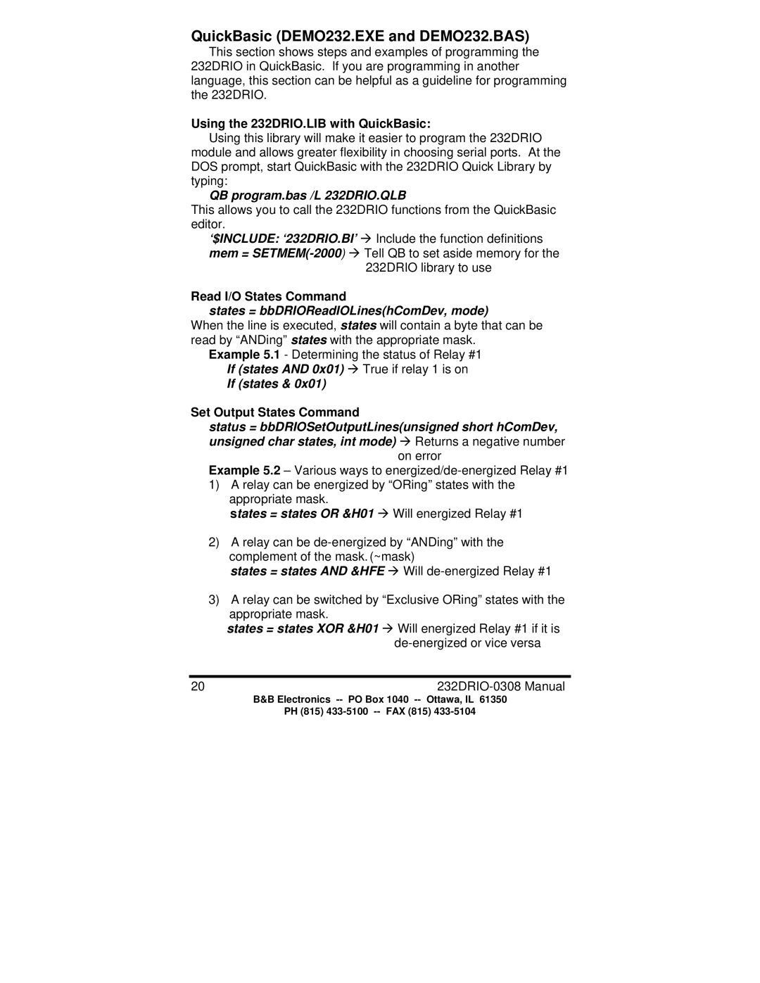 B&B Electronics QuickBasic DEMO232.EXE and DEMO232.BAS, Using the 232DRIO.LIB with QuickBasic, Read I/O States Command 