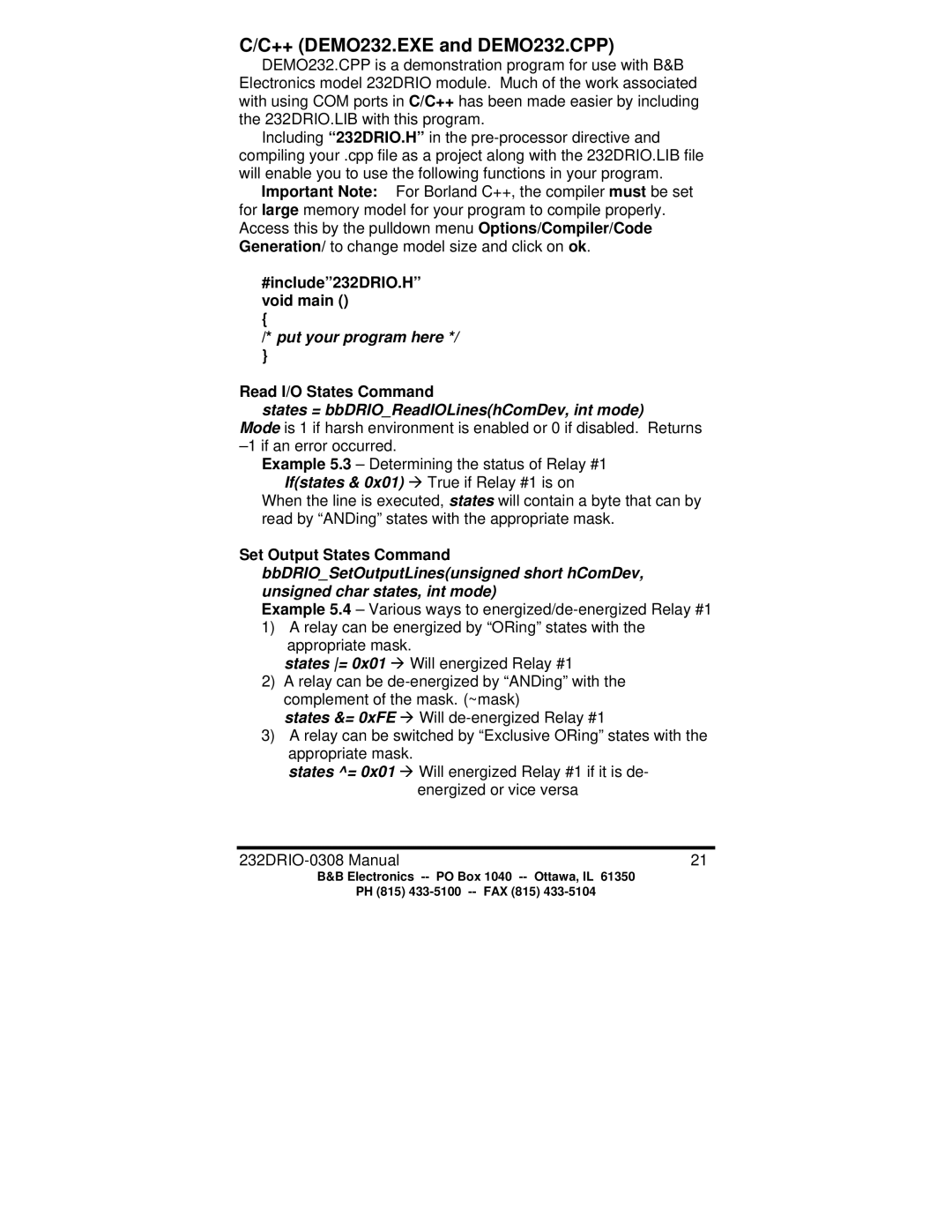 B&B Electronics manual ++ DEMO232.EXE and DEMO232.CPP, #include232DRIO.H void main 