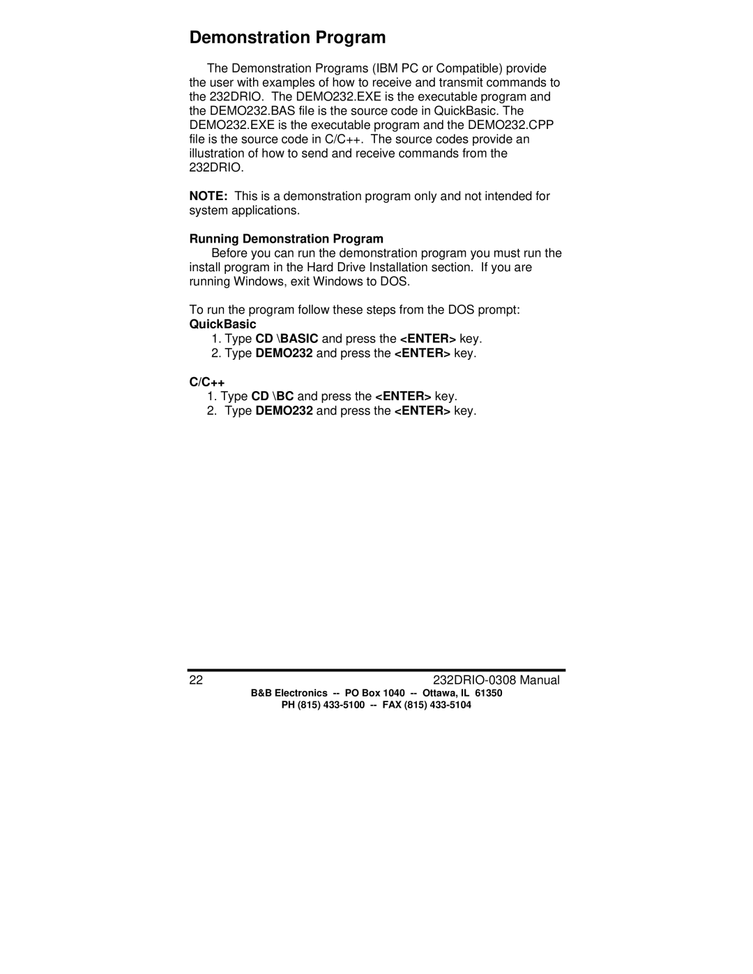 B&B Electronics 232DRIO manual Running Demonstration Program, QuickBasic 